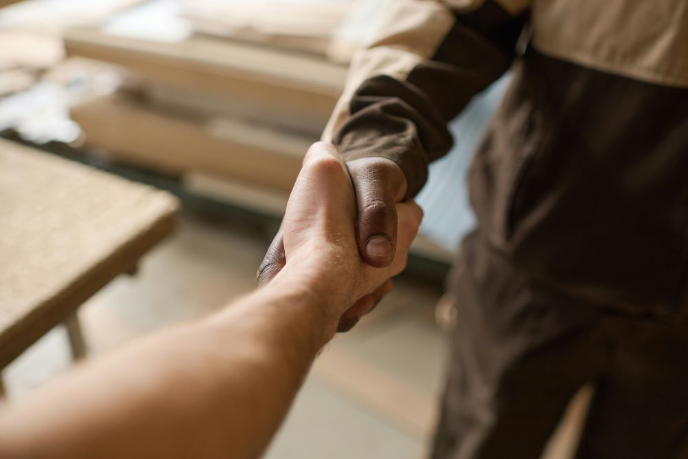 Close-up of two people shaking hands, showing one light-skinned and one dark-skinned hand against a blurred background