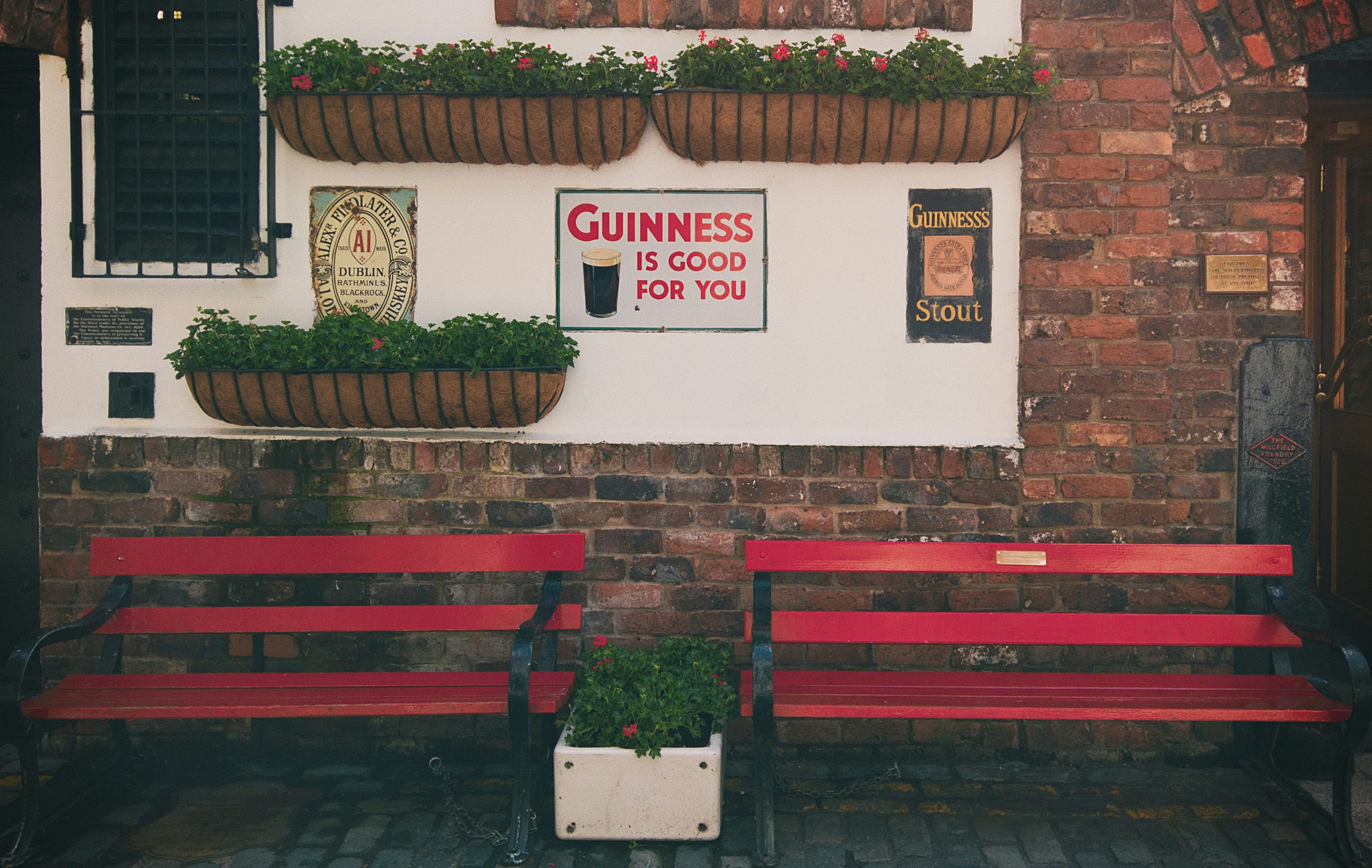 Guinness signage on a wall with red benches underneath